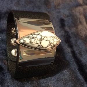 Heavy white and black marbled stone on a  vegan leather cuff bracelet